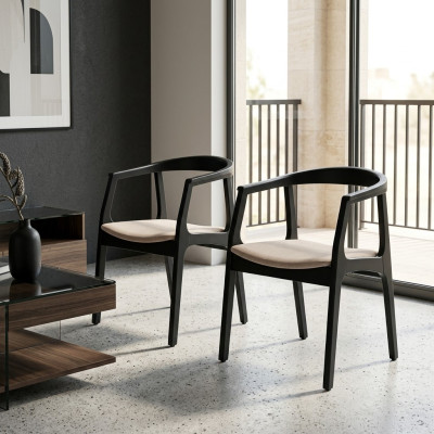 Ensemble de 2 chaises en bois massif et tissu de design pour salle à manger ou salon.