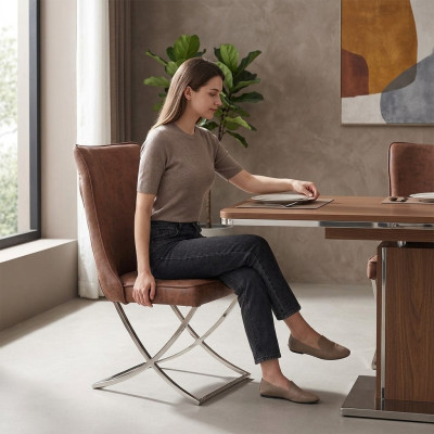 Ensemble 4x Chaise de salle à manger en acier inoxydable Chaise en tissu Rembourrage Chaise de salle à manger