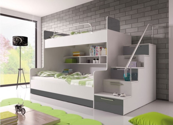 Lit superposé gris à deux niveaux Lit superposé Chambre d'enfant Lits Lit mezzanine Mobilier laqué