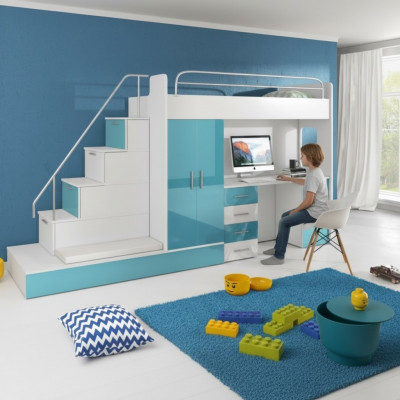 Lit superposé Lit mezzanine Bleu Chambre d'enfants Lits Lits mezzanines Lit superposé Turquoise Lit neuf