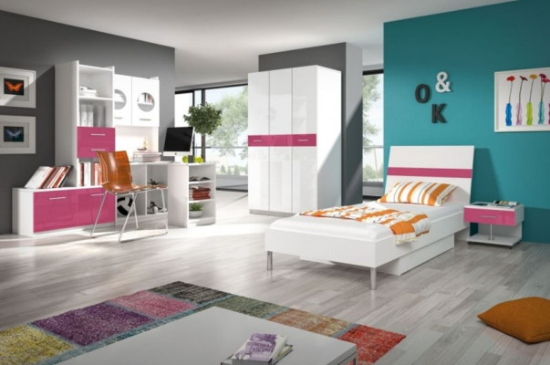 Chambre d'enfants Rose Armoire Fille Lit Table Bois 5 pièces. Chambre