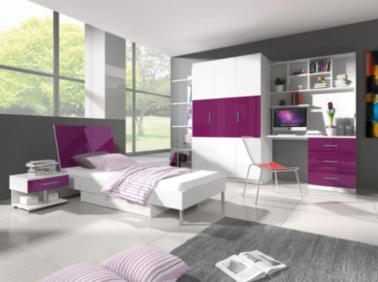 Chambre Lit Lila 2x Table de chevet Bureau Lit d'enfant Ensemble 5pcs.