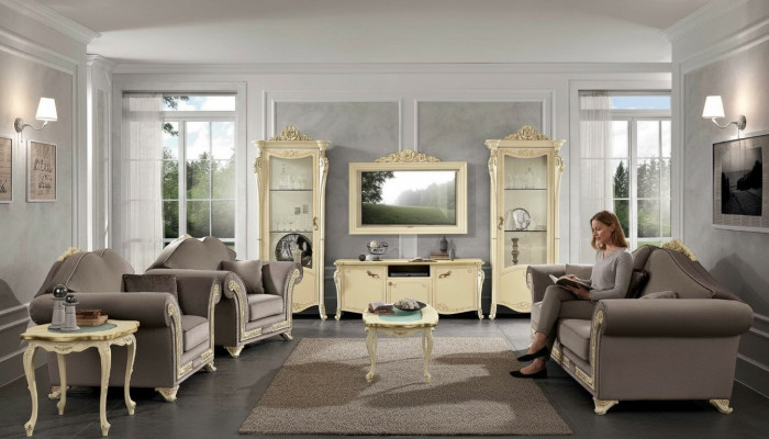 Armoire TV en bois Meuble TV Unité murale Salon Design classique Ensemble 2 pièces Beige neuf