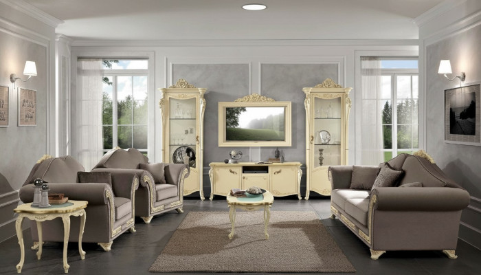 Armoire TV en bois Meuble TV Unité murale Salon Design classique Ensemble 2 pièces Beige neuf