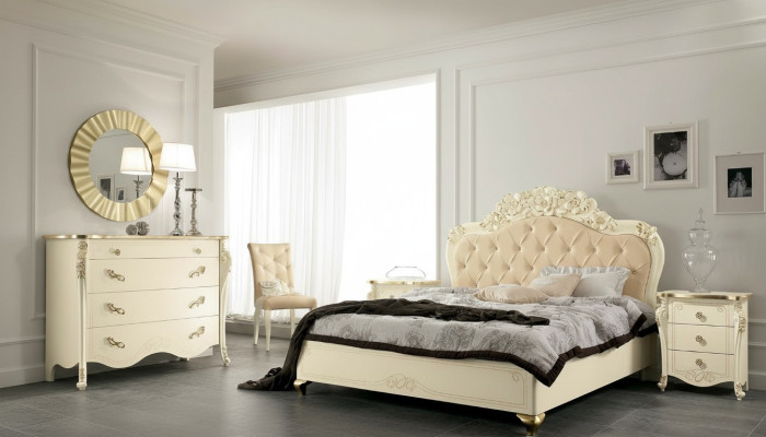 Ensemble de chambre à coucher Beige Lit de chambre Table de chevet Commode Miroir Chaise 6 pièces.