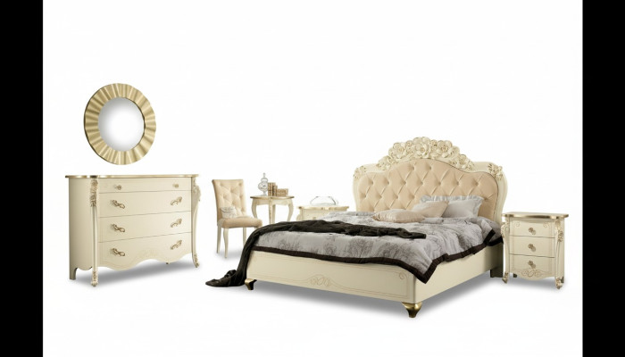 Ensemble de chambre à coucher Beige Lit de chambre Table de chevet Commode Miroir Chaise 6 pièces.