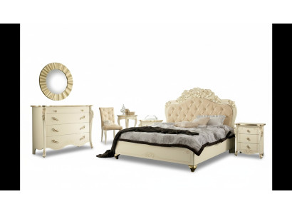 Ensemble de chambre à coucher Beige Lit de chambre Table de chevet Commode Miroir Chaise 6 pièces.