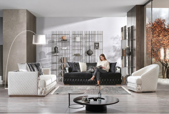 Ensemble de canapés de luxe Chesterfield en tissu pour 3+3+1 personnes.