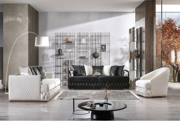 Ensemble de canapés de luxe Chesterfield en tissu pour 3+3+1 personnes.