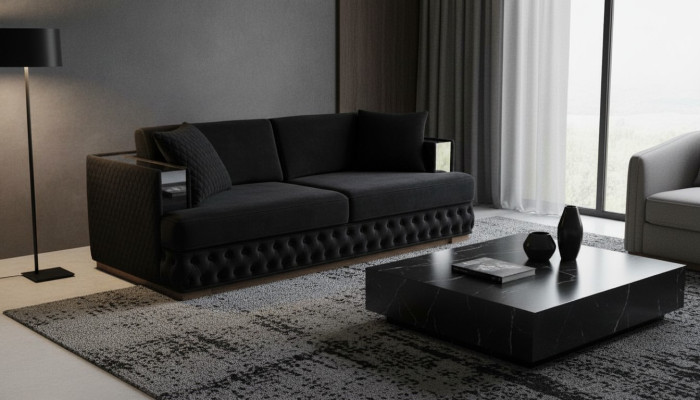 Trois canapés Chesterfield trois places Noirs Canapés en cuir textile Canapé.