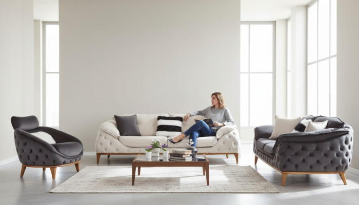 Chesterfield avec ensemble de canapés en tissu bois 331. Se de coussins.