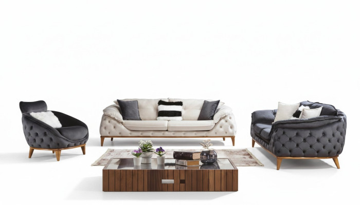 Chesterfield avec ensemble de canapés en tissu bois 331. Se de coussins.