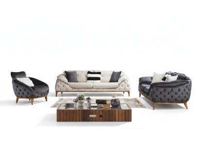 Chesterfield avec ensemble de canapés en tissu bois 331. Se de coussins.