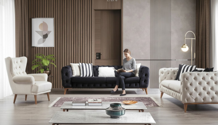 Ensemble de canapés Canapé 3+3+1 places Chesterfield noir Fauteuil d'ameublement