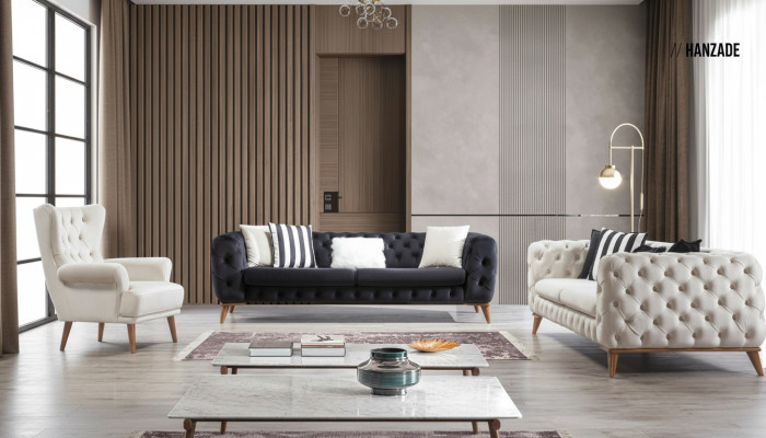 Ensemble de canapés Canapé 3+3+1 places Chesterfield noir Fauteuil d'ameublement