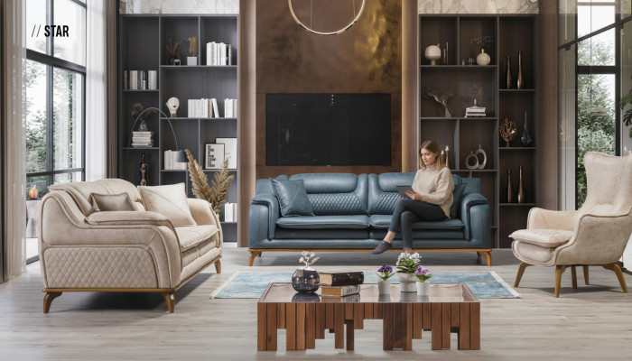 Ensemble de canapé 3+3+1 places Fauteuil bleu Canapé en cuir de luxe Style occidental de meubles de canapé