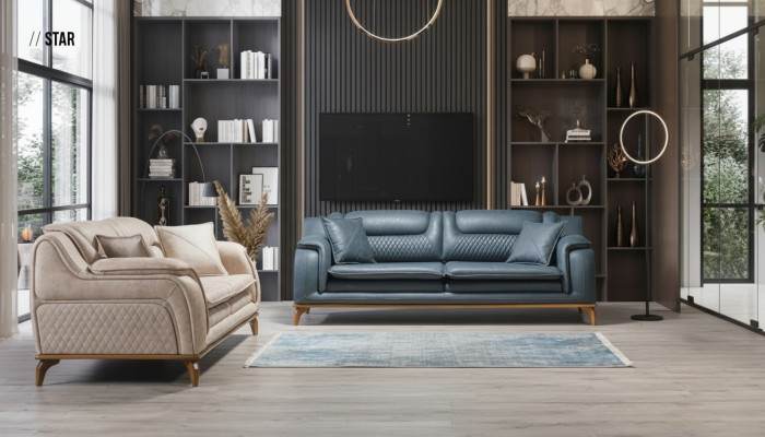 Ensemble de canapé 3+3+1 places Fauteuil bleu Canapé en cuir de luxe Style occidental de meubles de canapé
