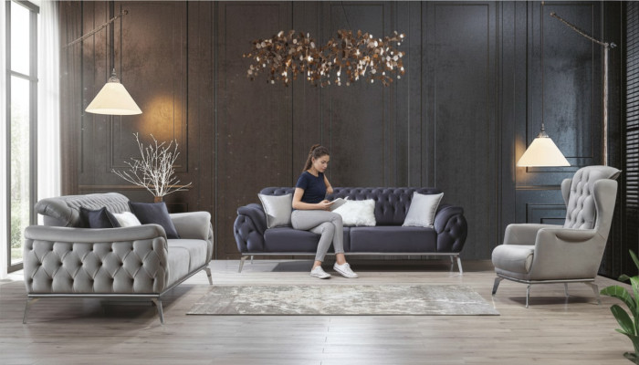 Ensemble de canapés 3+3+1 places Fauteuil bleu Luxueux Chesterfield Meubles