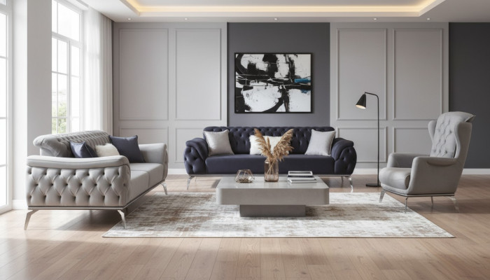 Ensemble de canapés 3+3+1 places Fauteuil bleu Luxueux Chesterfield Meubles