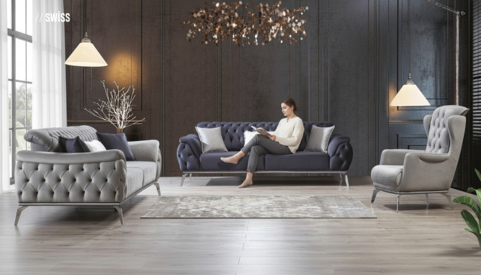 Canapé bleu 3 places Salon Design de Luxe Chesterfield Italien