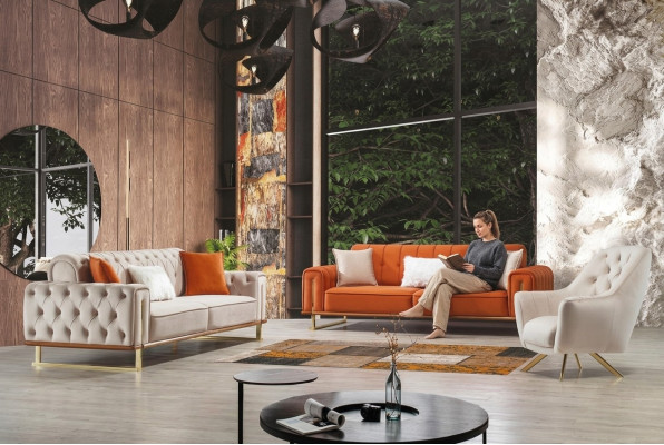 Canapé Orange 3 places Salon Luxe Chesterfield Italien