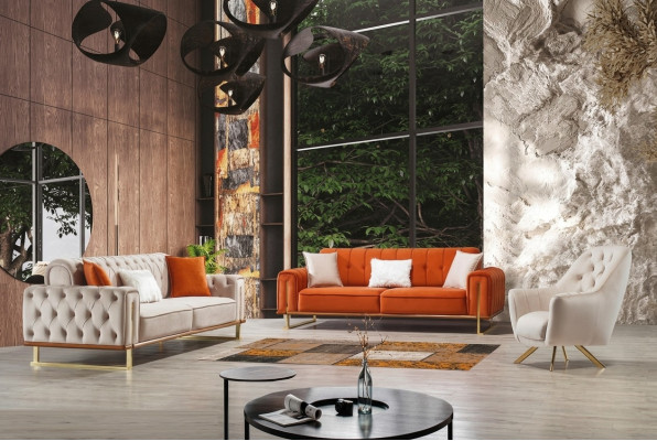 Canapé Orange 3 places Salon Luxe Chesterfield Italien