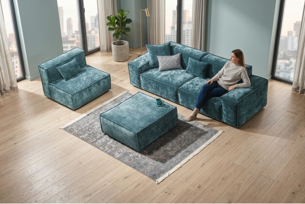 Ensemble de canapés Cube Mobilier xxl 3+1 places Bleu Fauteuil Tabouret de salon
