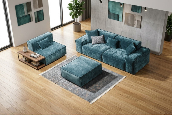 Ensemble de canapés Cube Mobilier xxl 3+1 places Bleu Fauteuil Tabouret de salon