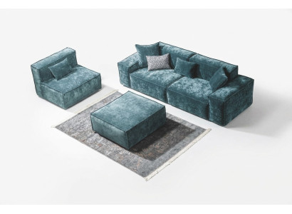 Ensemble de canapés Cube Mobilier xxl 3+1 places Bleu Fauteuil Tabouret de salon