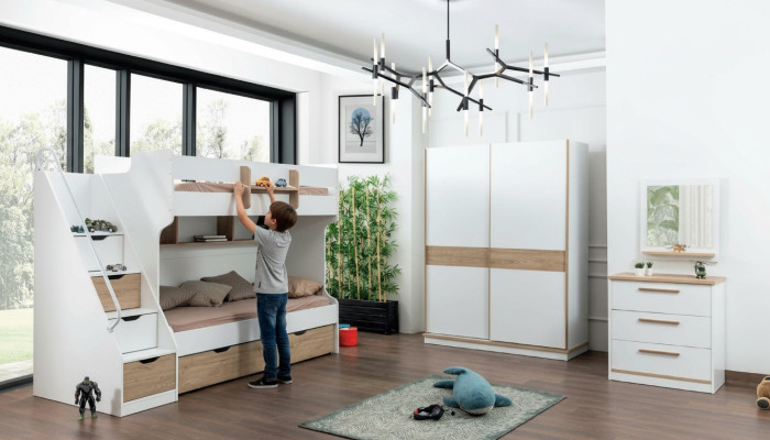 Lit mezzanine Lit superposé Commode Miroir Chambre Meubles Miroir Armoire 4 pièces.