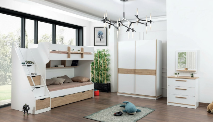 Lit mezzanine Lit superposé Commode Miroir Chambre Meubles Miroir Armoire 4 pièces.