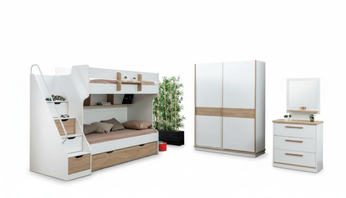 Lit mezzanine Lit superposé Commode Miroir Chambre Meubles Miroir Armoire 4 pièces.
