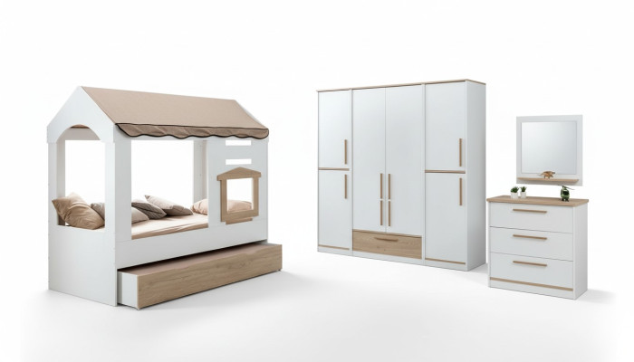 Chambre d'enfants Lit Maison Lit avec Baldaquin Ensemble de chambre à coucher Miroir 4 pièces.