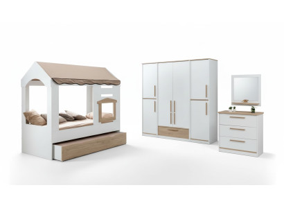 Chambre d'enfants Lit Maison Lit avec Baldaquin Ensemble de chambre à coucher Miroir 4 pièces.
