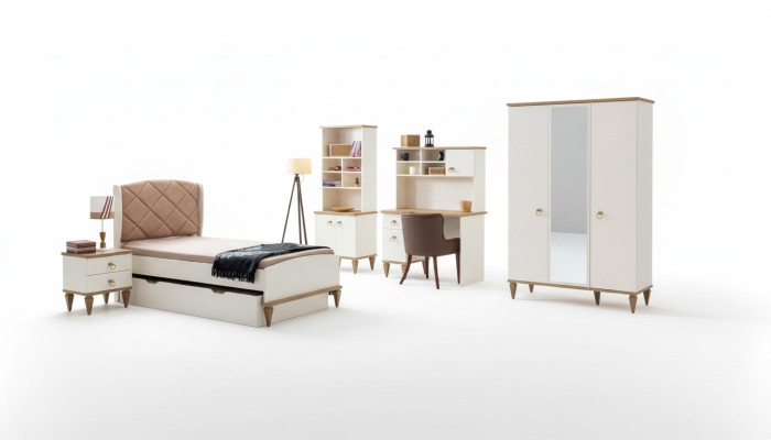 Ensemble de chambre de jeunes unisexe avec lit, table de chevet, étagère, table 5 pièces. nouveau