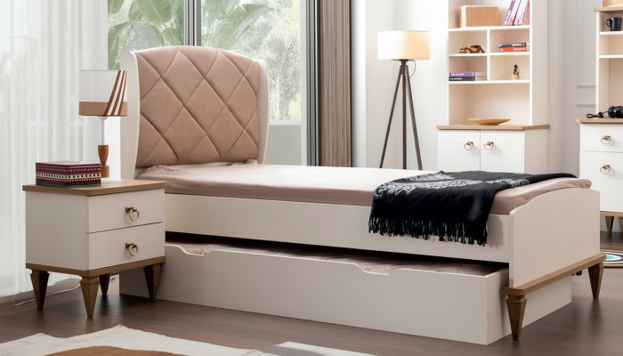 Chambre d'enfants Beige Ensemble Lit d'enfants Table de chevet Modèle de chambre de garçon Moderne Nouveau 2 pièces.