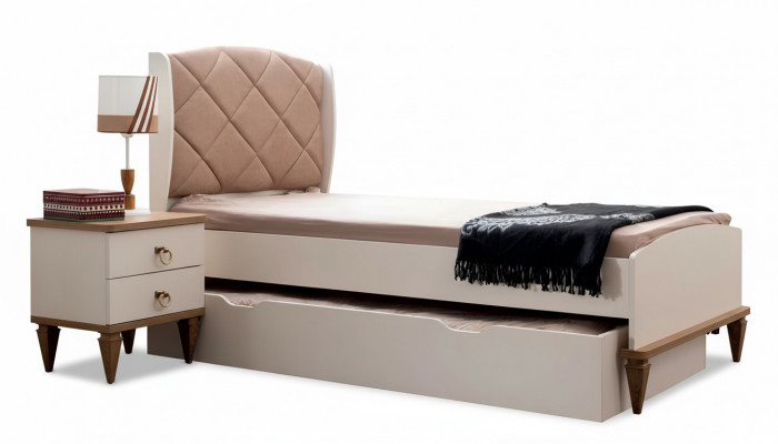 Chambre d'enfants Beige Ensemble Lit d'enfants Table de chevet Modèle de chambre de garçon Moderne Nouveau 2 pièces.