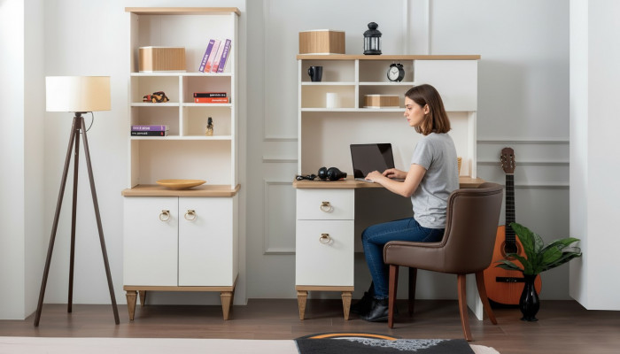 Ensemble de bureau comprenant un bureau beige et une bibliothèque, bureau de secrétaire, design 2 pièces. nouveau.
