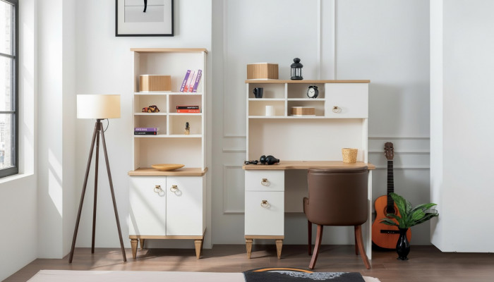 Ensemble de bureau comprenant un bureau beige et une bibliothèque, bureau de secrétaire, design 2 pièces. nouveau.