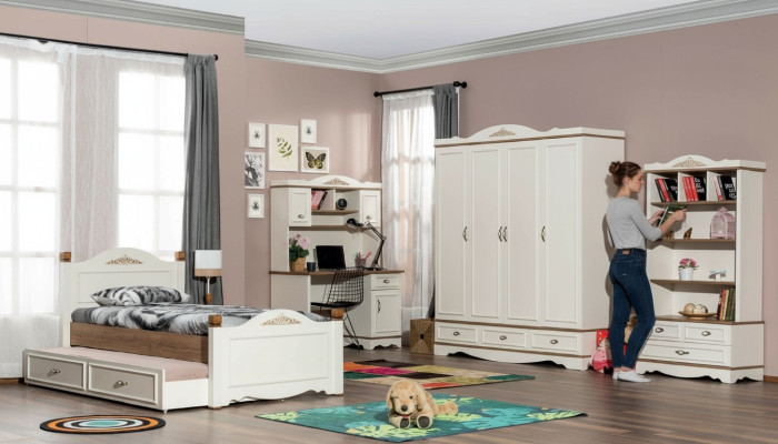 Ensemble de chambre moderne pour jeunes comprenant un lit, une table de chevet, une étagère à livres et une table, 5 pièces.