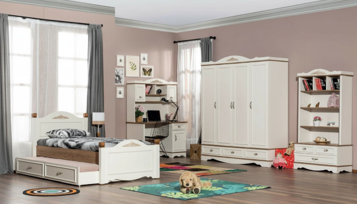 Ensemble de chambre moderne pour jeunes comprenant un lit, une table de chevet, une étagère à livres et une table, 5 pièces.