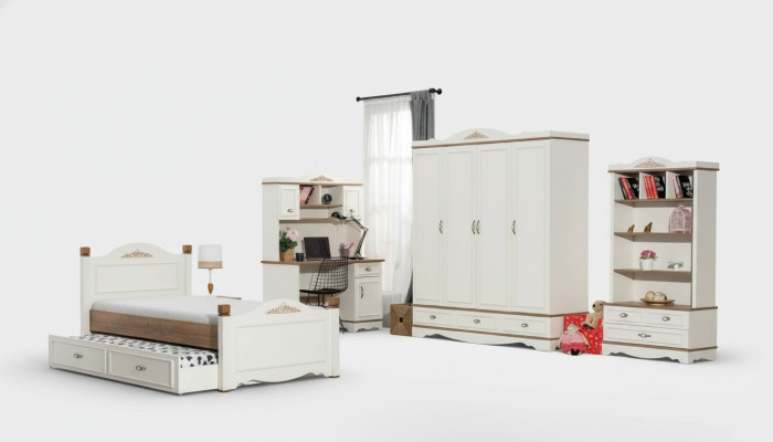 Ensemble de chambre moderne pour jeunes comprenant un lit, une table de chevet, une étagère à livres et une table, 5 pièces.