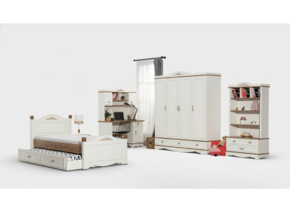 Ensemble de chambre moderne pour jeunes comprenant un lit, une table de chevet, une étagère à livres et une table, 5 pièces.