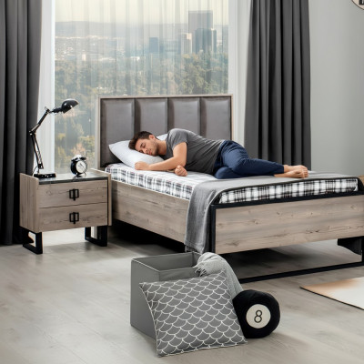Lit de design loft en bois avec une tête de lit rembourrée et un cadre de lit neuf