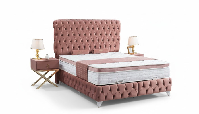 Lit Boxspring Rose Chesterfield Design élégant Luxe 2x Tables de chevet 3 pièces.
