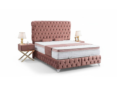 Lit Boxspring Rose Chesterfield Design élégant Luxe 2x Tables de chevet 3 pièces.