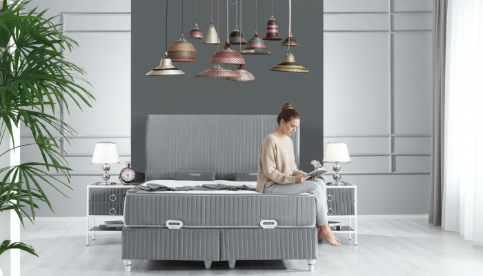 Ensemble de chambre Gris Lit en métal Sommier Design 2x Tables de chevet neuves 3 pièces.