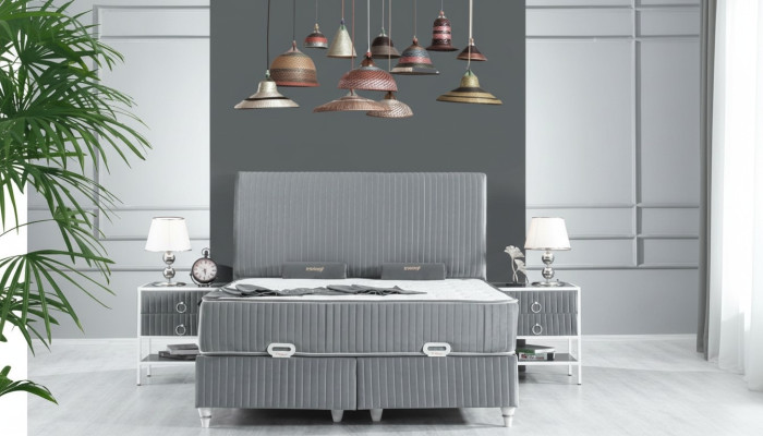 Ensemble de chambre Gris Lit en métal Sommier Design 2x Tables de chevet neuves 3 pièces.