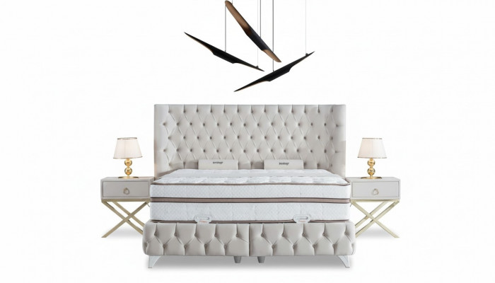 Ensemble de chambre Blanc Lit Boxspring Chesterfield Élégants 2x Tables de nuit 3 pièces.