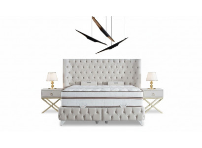 Ensemble de chambre Blanc Lit Boxspring Chesterfield Élégants 2x Tables de nuit 3 pièces.